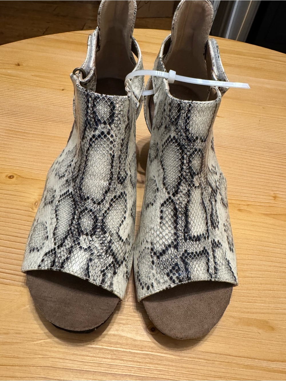 Snake-Print Open-Toe Wedge Sandals in Taupe and Black